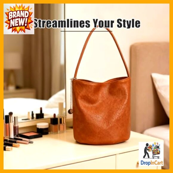 Lotty Women Soft Leather Bucket Bag Elegant Shoulder Purse with Zipper Pocket Commuter Tote